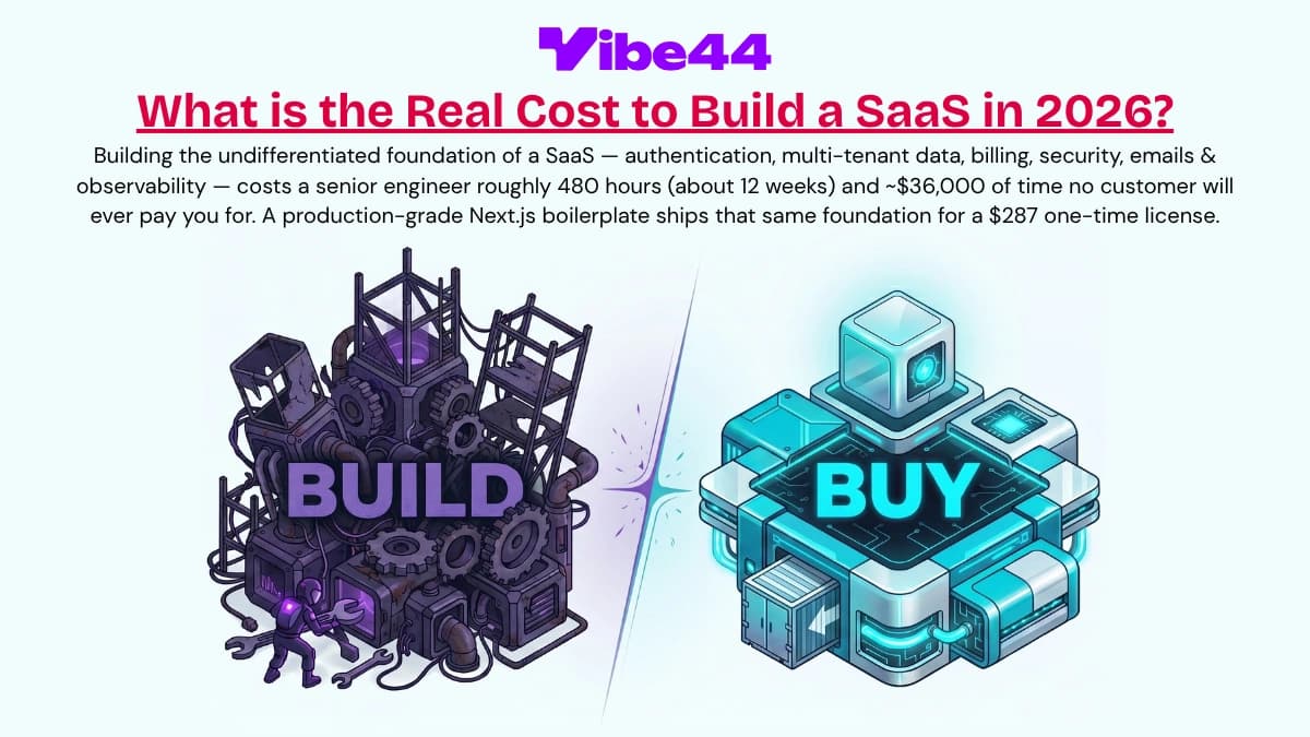 A comparison showing a messy, tangled structure labeled 'BUILD' versus a clean, futuristic, and modular system labeled 'BUY', illustrating the difference between building and buying SaaS infrastructure.