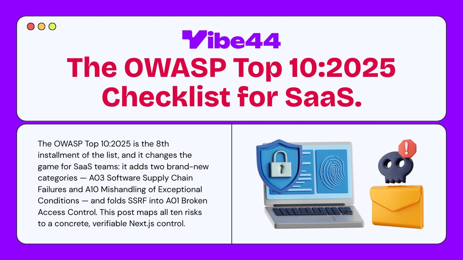 An illustration of a laptop protected by a blue shield with a padlock and fingerprint scanner, next to a yellow folder with a skull icon, representing OWASP security checks for SaaS.