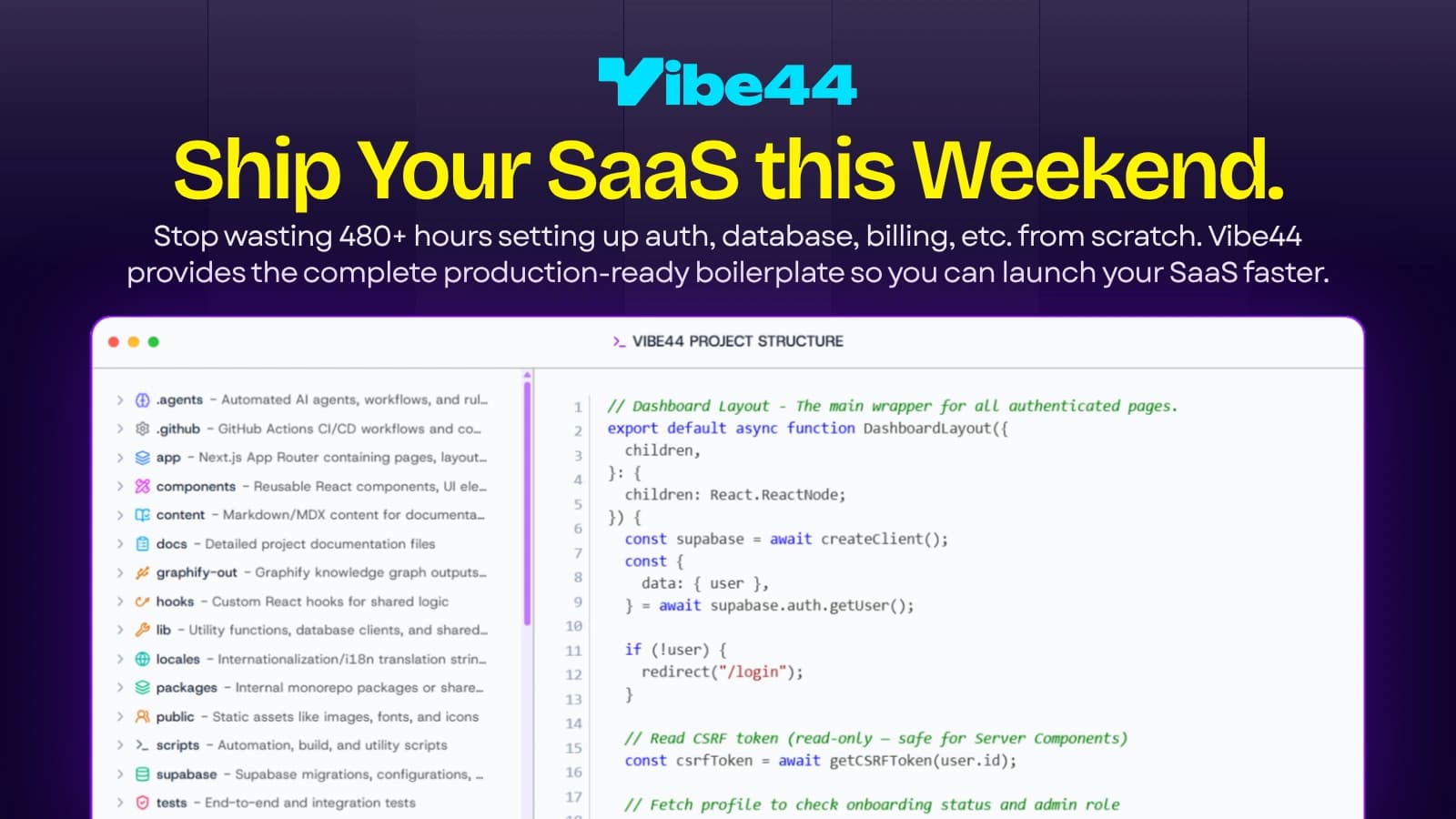 A screenshot of a code editor showing the Vibe44 project structure on the left and a DashboardLayout Next.js component code on the right.